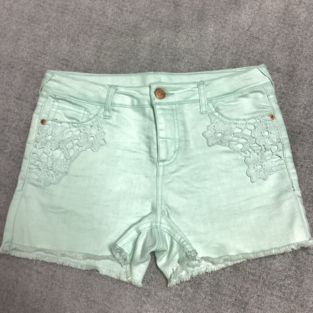 Cherokee Mint Green Jean Shorts with Front Pocket Appliqués * Size Girls XL